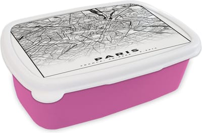 Broodtrommel Roze - Lunchbox - Brooddoos - Kaart - Paris - Plattegrond - Parijs - Frankrijk - Stadskaart - Zwart wit - 18x12x6 cm - Kinderen - Meisje
