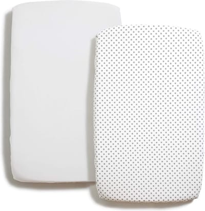 2-delige Beddengoed Set 90x50 | 2 Hoeslakens 100% Katoen | voor Wiegjes en Babybedjes | Set van Wit + Wit met Grijze Stippen Hoeslaken