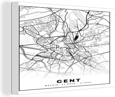 Canvas Schilderij Stadskaart – Plattegrond – België – Zwart Wit – Gent – Kaart - 30x20 cm - Wanddecoratie