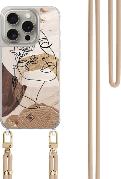 Casimoda® hoesje met beige koord - Geschikt voor iPhone 15 Pro - Abstract Gezicht Bruin - Afneembaar koord - TPU/polycarbonaat - Bruin/beige