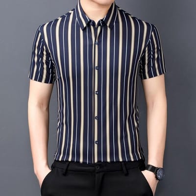 Lente en Zomer Nieuw Gestreept Overhemd Heren Korte Mouw Zakelijk Casual Slim-Fit Middenleeftijd Heren Overhemd 3XL black