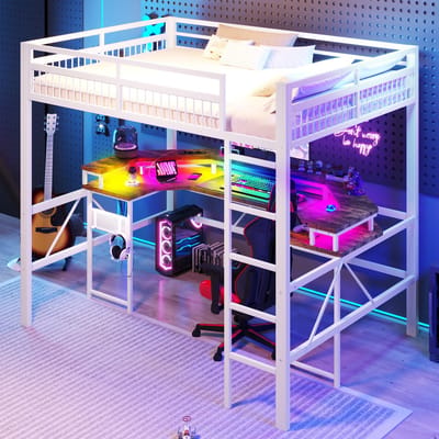 Sweiko Hoogslaper - 140 x 200 cm - Metalen frame - LED-verlichting - Met bureau - USB/Type-C - Wit