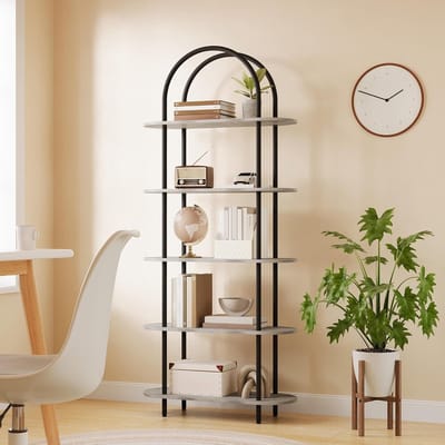 5-laags gebogen kantoor boekenkast-vrijstaande metalen open boekenkast- moderne industriële stijl-voor kantoor- woonkamer- slaapkamer en badkamer-Noir+Gris graphite