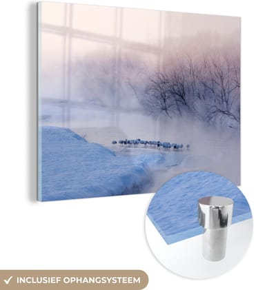 MuchoWow® Glasschilderij 160x120 cm - Schilderij acrylglas - Vogel - Mist - Rivier - Winter - IJs - Foto op glas - Schilderijen
