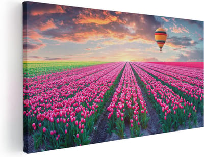 Artaza Canvas Schilderij Tulpenveld - 40x20 cm - Klein - Wanddecoratie Bloemen - Muurdecoratie Luchtballon - Schilderijen Op Canvas Zonsondergang