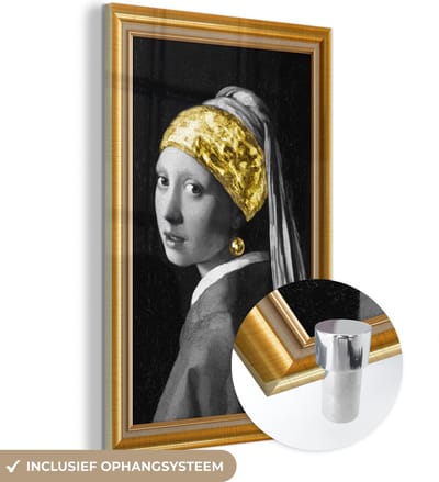 MuchoWow® Glasschilderij 40x60 cm - Schilderij acrylglas - Meisje met de parel - Vermeer - Goud - Lijsten - Foto op glas - Schilderijen