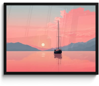 Poster in lijst - Fotolijst 80x60 cm - Posters - Zeilboot - Roze zee - Zonsondergang - Bergen - Posterlijst zwart - Decoratie - Wanddecoratie woonkamer - Muurdecoratie slaapkamer
