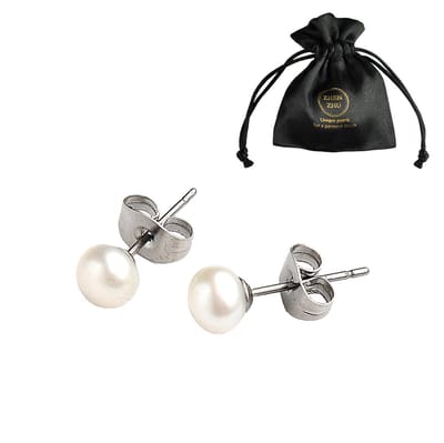 Zoetwater parel oorbellen Little Pearl - oorknoppen - echte parels - wit - edelstaal - sieraden zakje - parel oorbellen dames - parel oorknopjes