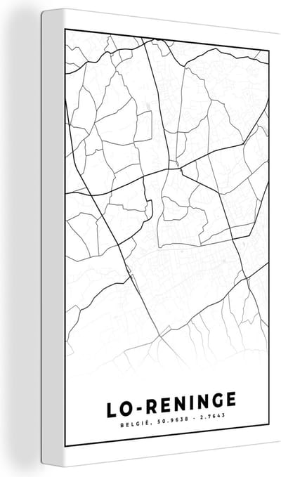 Canvas Schilderij Stadskaart – Plattegrond – België – Zwart Wit – Lo Reninge – Kaart - 20x30 cm - Wanddecoratie