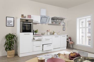 Goedkope keuken 280  cm - complete keuken met apparatuur Amanda  - Wit/Wit - soft close - keramische kookplaat - vaatwasser - afzuigkap - oven    - spoelbak