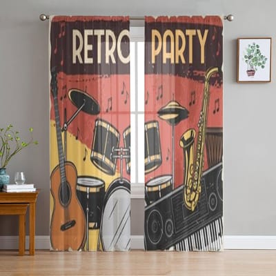 Muziekinstrumenten Retro Muziekfeest Ontwerp Chiffon Doorzichtige Gordijnen voor Woonkamer Slaapkamer Raambekleding Voiles Tule Cortinas 135W x 114H(cm)