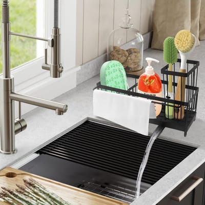 Praktische sponshouder voor aanrecht, caddy organizer voor de gootsteen, met afneembare borstelhouder en roestvrijstalen design voor optimaal gebruiksgemak