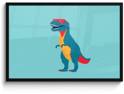 Poster in lijst - Fotolijst 90x60 cm - Posters - Dinosaurus - Blauw - Zonnebril - Posterlijst zwart - Decoratie - Wanddecoratie woonkamer - Muurdecoratie slaapkamer