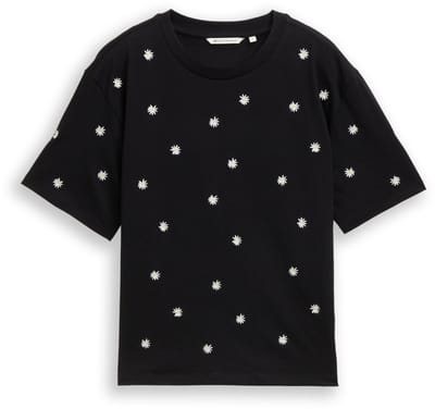 Tom Tailor Denim - T-shirt met boxy pasvorm en borduursels - Maat XXL - black daisy design