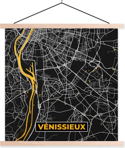 Posterhanger incl. Poster 40x40 cm - Schoolplaat - Stadskaart - Plattegrond - Vénissieux - Frankrijk - Kaart - Textielposter - Blanke latten - Stadskaart