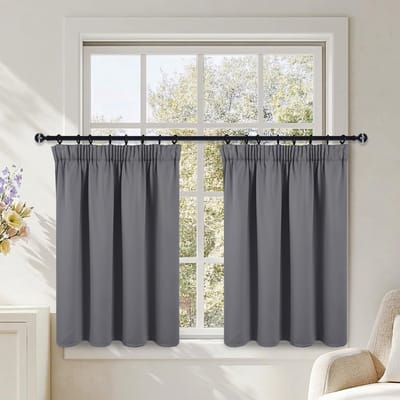 Vitrage, kort, ondoorzichtig, keukengordijnen, plooiband, set van 2, 90 x 117 cm (H x B) keuken, bistrogordijn, thermische gordijn, koudebescherming, verduisteringsgordijnen, ramen, rails