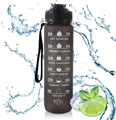 CALIYO Waterfles 1L met Tijdmarkeringen – BPA-vrij – Lekvrij – Met Rietje & Draaglus – Tritan Plastic – Gradient Design – Drinkfles voor Sport, School & Outdoor