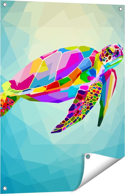Gards Tuinposter Kleurrijke Schildpad in het Water - 60x80 cm - Tuindoek - Tuindecoratie - Wanddecoratie buiten - Tuinschilderij
