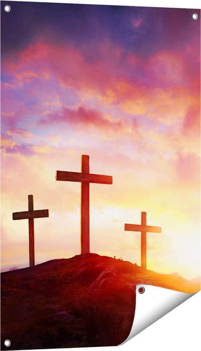Gards Tuinposter Kruisiging van Jezus Christus - Drie Kruisen - 60x90 cm - Tuindoek - Tuindecoratie - Wanddecoratie buiten - Tuinschilderij