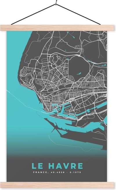Posterhanger incl. Poster 40x60 cm - Schoolplaat - Le Havre - Plattegrond - Stadskaart - Kaart - Frankrijk - Textielposter - Blanke latten - Stadskaart