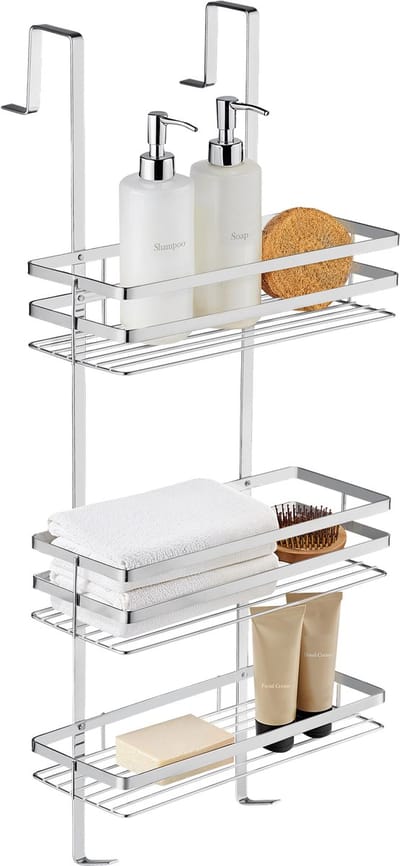 tectake® RVS doucherek met 3 mandjes - Ophangen zonder boren/schroeven - Hangend doucherekje - Keukenrek - 30x21x80cm - Zilverkleurig
