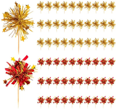 Dailygoods- Taartdecoraties 60 Stuks - Gouden Sterren - Vuurwerk Inzetstukken - Feestelijke Decoratie - Bamboestok - Milieuvriendelijk - Taarttoppers