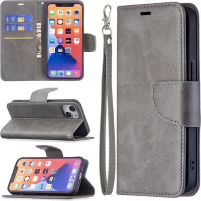 MobyDefend Hoesje - Geschikt voor iPhone 13 - Wallet Book Case Met Koord - Grijs