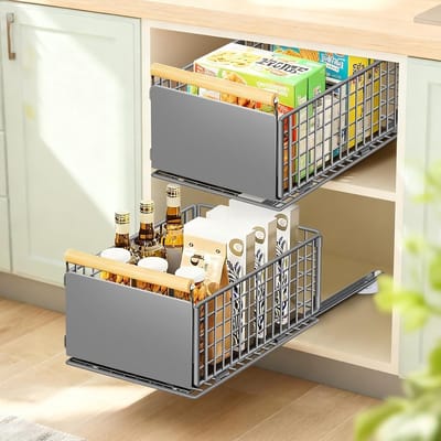 Telescopische Keukenlade Set van 2, Uittrekbare Organizer voor Diepe Kasten, Tot 25kg, Grijs, 39.5x23.5x19cm, Ideaal voor Keukenopslag en Ruimtebesparing