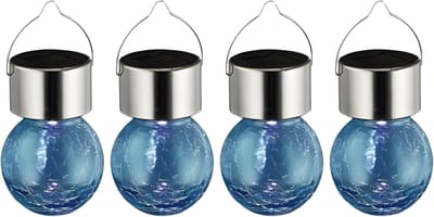 Sunnydays Solar sfeer hanglamp - 4x - tuin - lampenbol - blauw - glas - 9 cm - ophang haakje