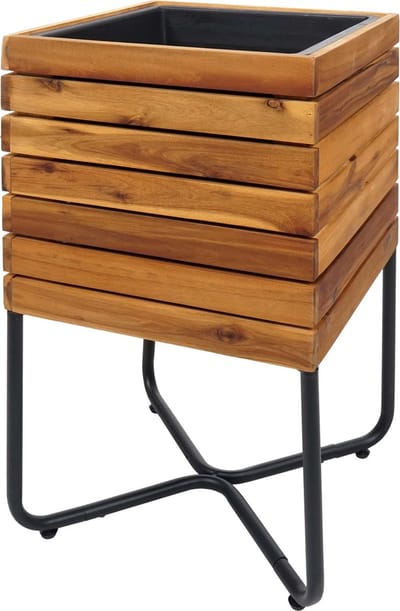Plantenbak MCW-L25, bloembak vierkant 60x33x33cm buiten staal acaciahout MVG-gecertificeerd, bruin