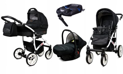 BabyLux® Kinderwagen 4in1 – LARGO - WHITE DOTS WHITE FRAME - Opklapbare Wandelwagen incl. Reiswieg, Multifunctionele Buggy Sportstoel, Autostoel, ISOFIX basisstation - Combi-kinderwagen met Luiertas, Regenhoes, Klamboe