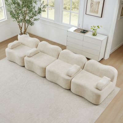 Modulaire Bank 4-Zits - FrameLoze Bank - Golvend Ontwerp - 32D Schuim - Fluweel Beige - Diepe Zit - Verplaatsbare Armleuningen