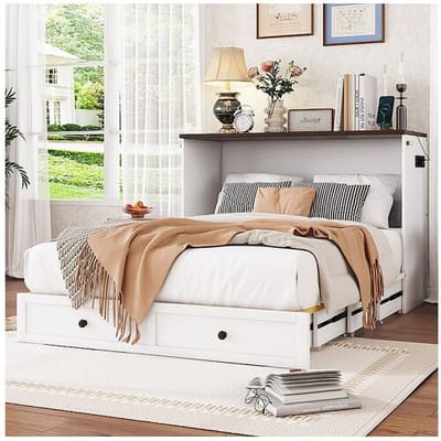 KOMHTOM Beddenkast 140 x 200, met laden aan het uiteinde van het bed en planken aan het hoofdeinde van het bed, met USB en stopcontacten, wit