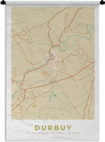 Wandkleed - Wanddoek - Durbuy - België - Plattegrond - Kaart - Stadskaart - 120x180 cm - Wandtapijt