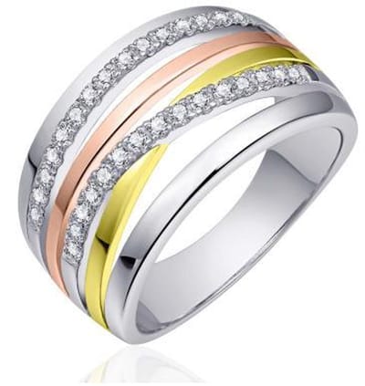 Schitterende Zilveren Ring 14K Bicolor met Zirkonia's 15.25 mm. (maat 48)