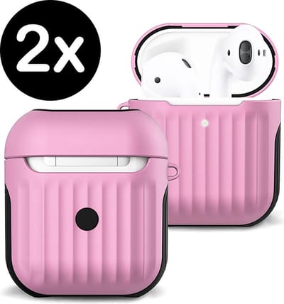 Case Geschikt voor AirPods 1 Hoesje Hoes Hard Cover Ribbels - Hoesje Geschikt voor Apple Airpods 1 Case Met Ribbels - Lichtroze - 2 PACK