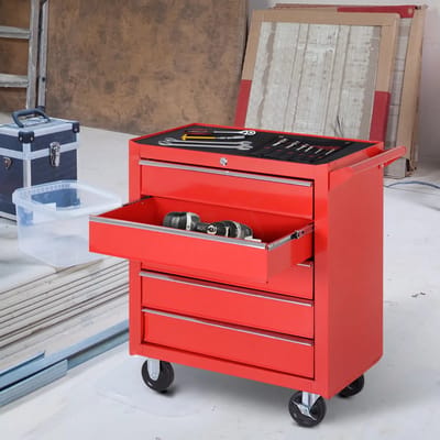 Pugsdrly rolkast, gereedschapskast voor garage, schuur, staal, 69L x 33B x 75H cm, rood