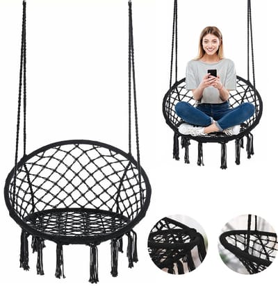 Hangmand - Hangstoel - Tot 200 Kg - voor Binnen en Buiten - voor Tuin, Terras, Balkon - Binnendiameter 80 cm - Zwart