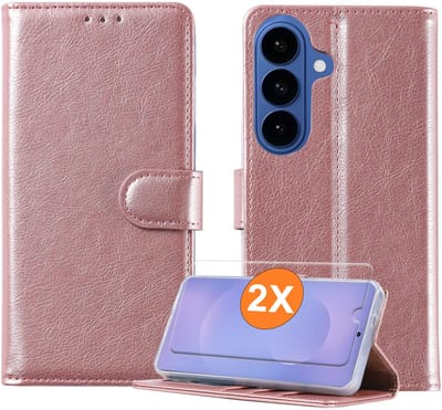 Hoesje geschikt voor Samsung Galaxy S26 5G hoesje Rose Goud pasjeshouder telefoon hoes - Met screenprotector tempered glass voor Galaxy S26 5G - 2x