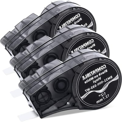 3x Zelfklevende Vinyl Tape voor Labels, Zwart en Wit, Duurzaam en Sterk, 0.5" Breed x 21' Lang, Perfect voor Organisatie en Labeling