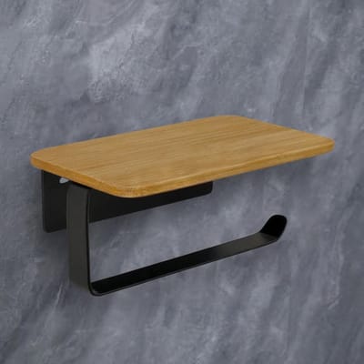 Toiletrolhouder Met Bamboe Plank Zelfklevend Zwart - Wandmontage Zonder Boren - Toiletpapierhouder 2 in 1 WC Rolhouder
