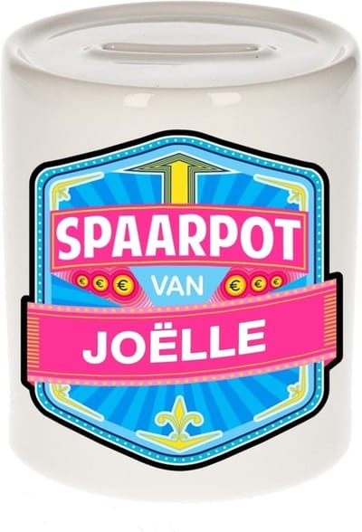 Bellatio Decorations Kinder spaarpot met naam - Joelle - keramiek - met dop - wit - Sparen - Spaargeld van Joelle