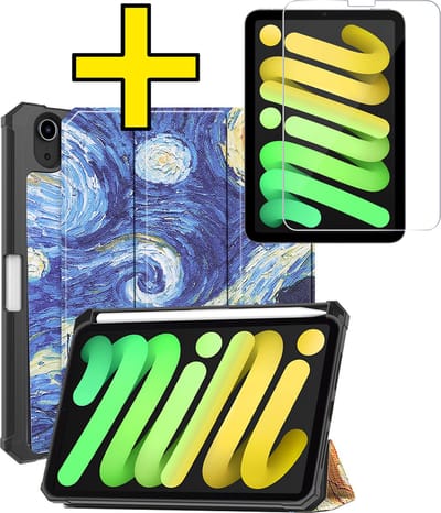 Hoes - Geschikt voor Apple iPad Mini 7 (2024) - 8.3 inch - 7e Generatie - Met Screenprotector - Trifold Bookcase - Hard Cover Case - Met Uitsparing Geschikt voor Apple Pencil - Hardcover Book - Tablet Hoesje - Sterrenhemel