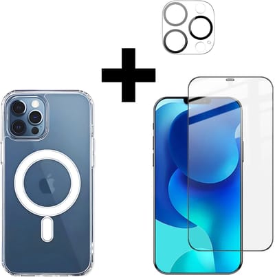 VOWLUX Compatible iPhone 12 Pro Max MagSafe hoesje 3-in-1 tempered glass set – transparant val bestendig hoesje + screenprotector + cameralens protector