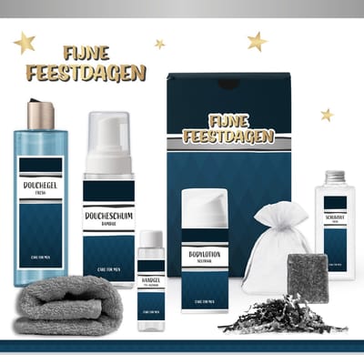 Geschenkset “Fijne Feestdagen!” - 7 producten - 850 gram | Luxe Kerst Cadeaubox voor hem - Wellness Pakket man - Giftset Fijne feestdagen - Cadeaupakket Prettige Kerstdagen - Kerstcadeau - Kerstpakket Cadeau - Relatiegeschenk - Gift Goud - Blauw