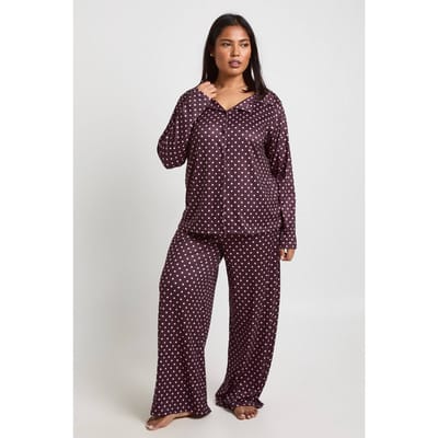 boohoo Dames Plus Polkadot Print Lange Mouwen Shirt & Broek Pyjama Set | Brown | Maat: 16