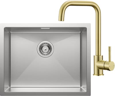Auralum Max Spoelbak voor keuken 55x44cm - Spoelbak Keuken Met Keukenkraan Goud - Spoelbakken met sifon en overloopset - Enkele spoelbakken RVS