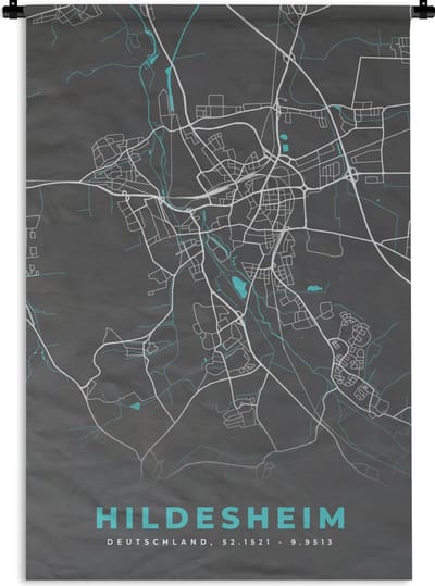Wandkleed - Wanddoek - Stadskaart – Plattegrond – Duitsland – Blauw – Hildesheim – Kaart - 120x180 cm - Wandtapijt