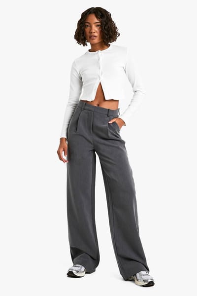 boohoo Dames Tall Wide Leg Tailored Trousers | Donkergrijs | Maat: 14/34L