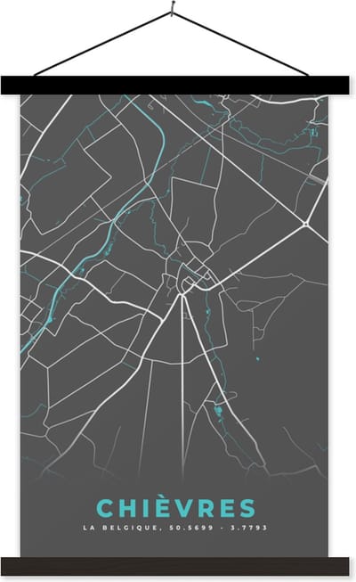 Posterhanger incl. Poster 40x60 cm - Schoolplaat - Stadskaart – Grijs - Kaart – Chièvres – België – Plattegrond - Textielposter - Zwarte latten - Stadskaart